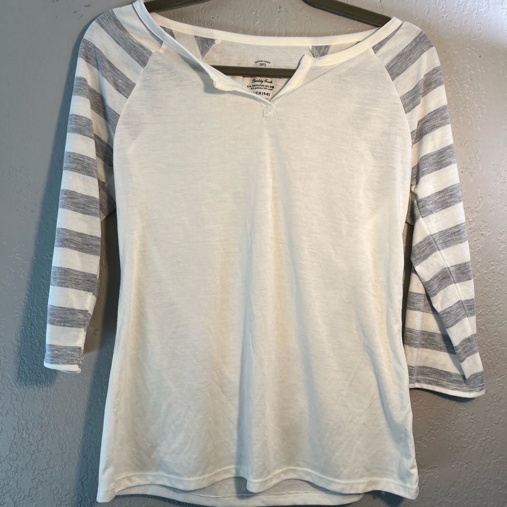 Y2K Faded Glory Cream Fitted Long Sleeve Tee Striped Sleeves SZ S Cute Casual
